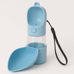 Foldable Dog Travel Water Bottle Portable Pet Drink Dispenser Silicon Leaf Bowl For Hiking Walking Lightweight Blue