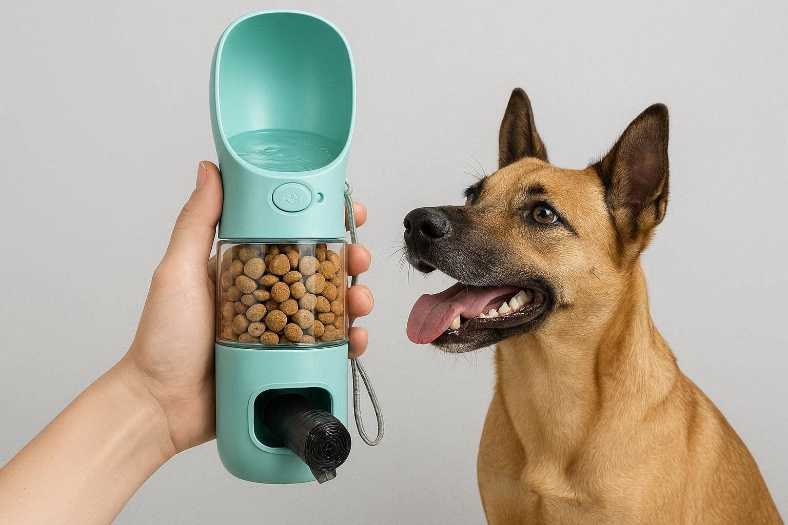 Multi Functional Pet Water Bottle Portable Dog Travel Drink Dispenser With Food Treat Container Poop Bag Holder