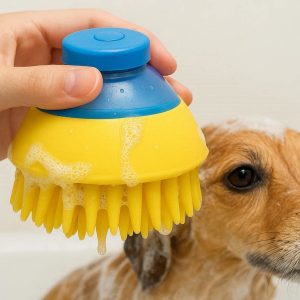 2 Pet Bath Massage Brush Soft Silicone Grooming Scrubber With Shampoo Dispenser For Dogs Cats Short Long Hair