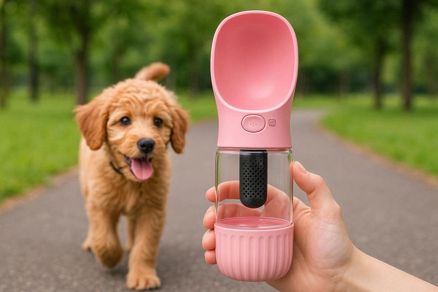 Dog Water Bottle With Filter Portable Pet Travel Drink Dispenser Activated Carbon Purifier Plastic Puppy Walking Pink