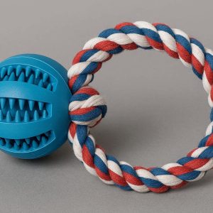 Tough Rubber Rope Dog Toy Interactive Tug Of War Chew Ball Durable Cotton Fiber Ring Pet Teeth Cleaning